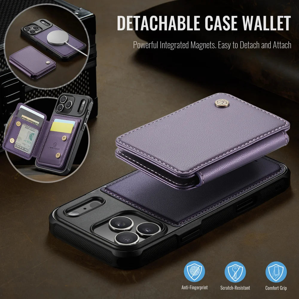JEEHOOD For iPhone 17 Pro Case  J05 Leather Mobile Cover with Detachable Magnetic Card Bag - Purple - 4
