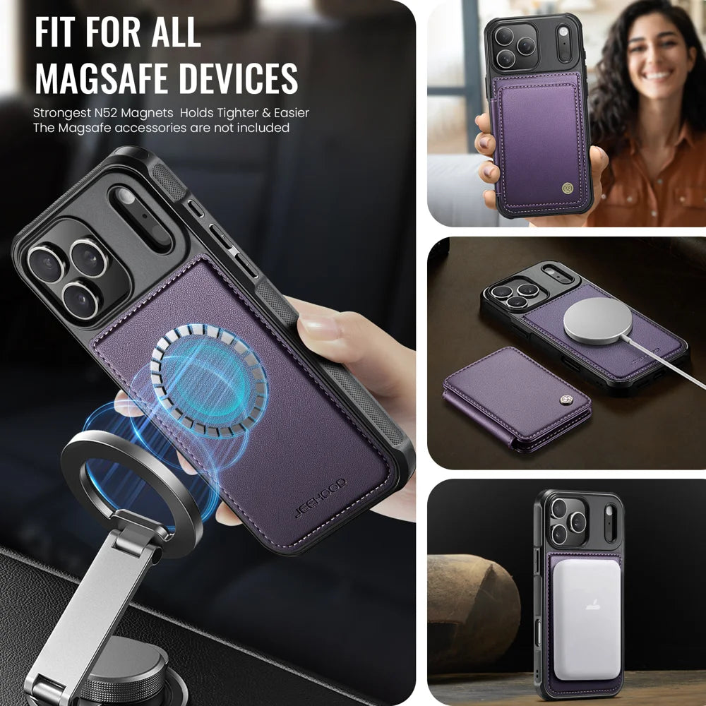 JEEHOOD For iPhone 17 Pro Case  J05 Leather Mobile Cover with Detachable Magnetic Card Bag - Purple - 5