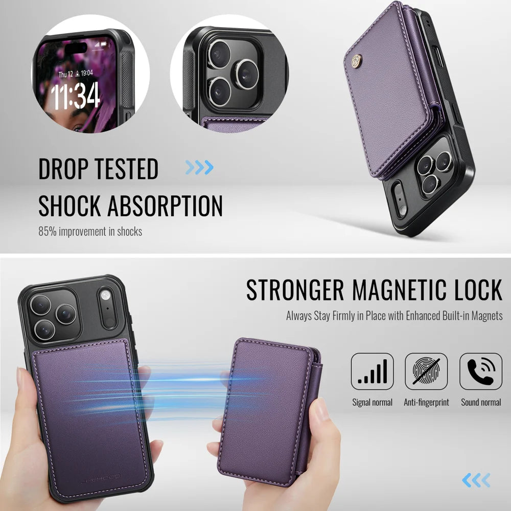 JEEHOOD For iPhone 17 Pro Case  J05 Leather Mobile Cover with Detachable Magnetic Card Bag - Purple - 6