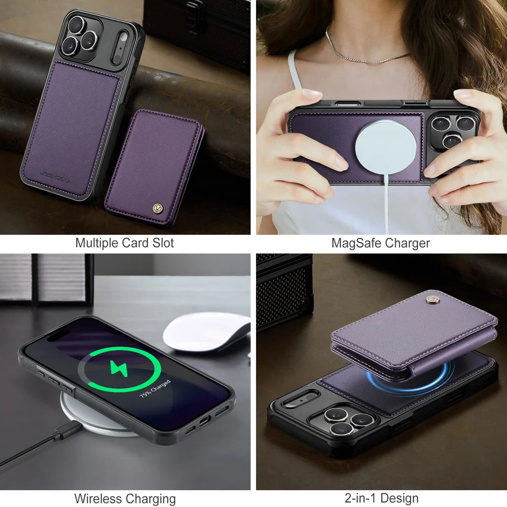 JEEHOOD For iPhone 17 Pro Case  J05 Leather Mobile Cover with Detachable Magnetic Card Bag - Purple - 7