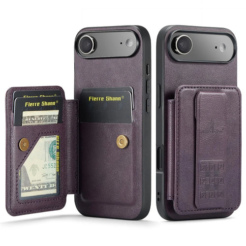 FIERRE SHANN 024 For iPhone Air Case Card Holder Kickstand Waxy Texture Leather + TPU Phone Cover - Purple - 1