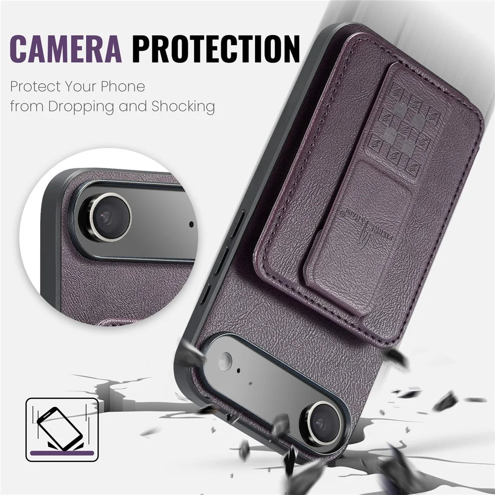 FIERRE SHANN 024 For iPhone Air Case Card Holder Kickstand Waxy Texture Leather + TPU Phone Cover - Purple - 4