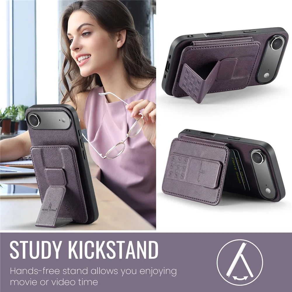 FIERRE SHANN 024 For iPhone Air Case Card Holder Kickstand Waxy Texture Leather + TPU Phone Cover - Purple - 5
