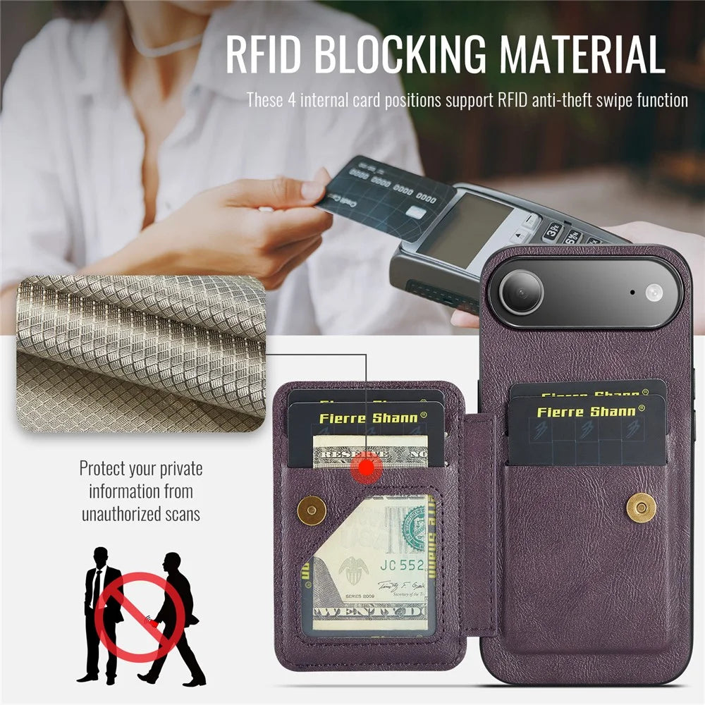 FIERRE SHANN 024 For iPhone Air Case Card Holder Kickstand Waxy Texture Leather + TPU Phone Cover - Purple - 7