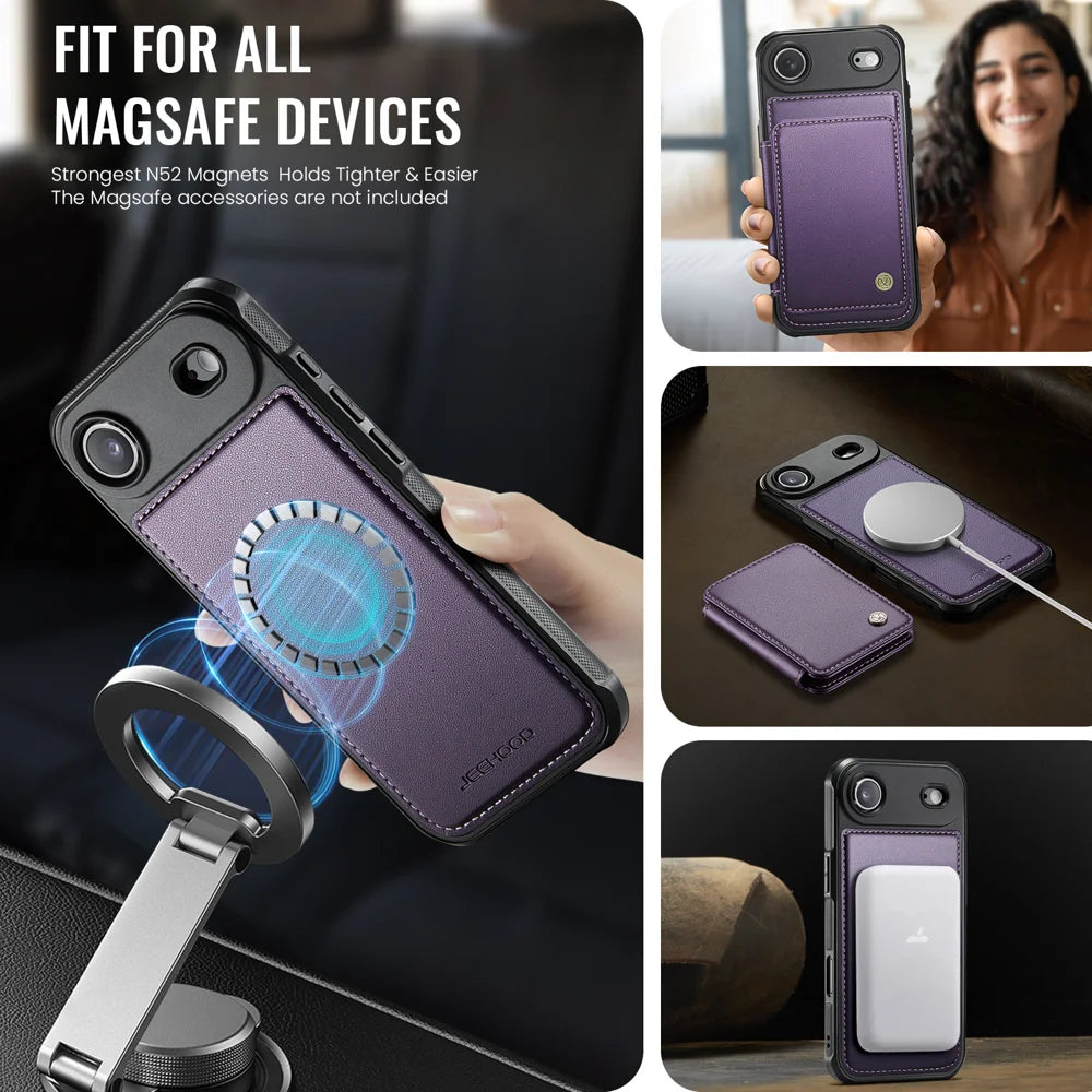 JEEHOOD For iPhone Air Case  J05 Leather Mobile Cover with Detachable Magnetic Card Bag - Purple - 5