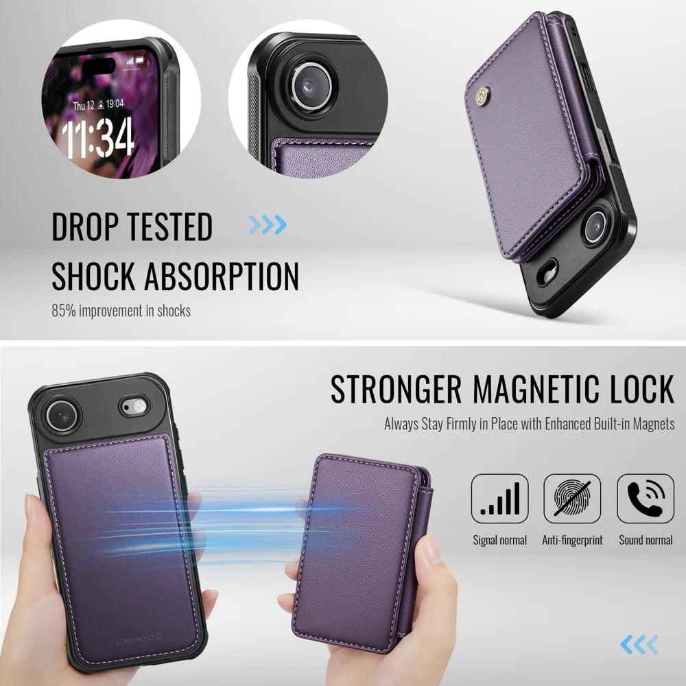JEEHOOD For iPhone Air Case  J05 Leather Mobile Cover with Detachable Magnetic Card Bag - Purple - 6