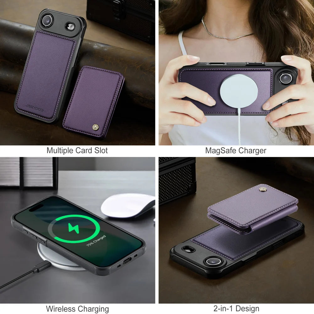 JEEHOOD For iPhone Air Case  J05 Leather Mobile Cover with Detachable Magnetic Card Bag - Purple - 7