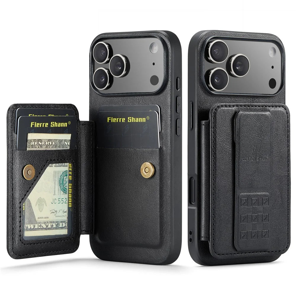 FIERRE SHANN 024 For iPhone 17 Pro Max Case Card Holder Kickstand Waxy Texture Leather + TPU Phone Cover - Black - 1
