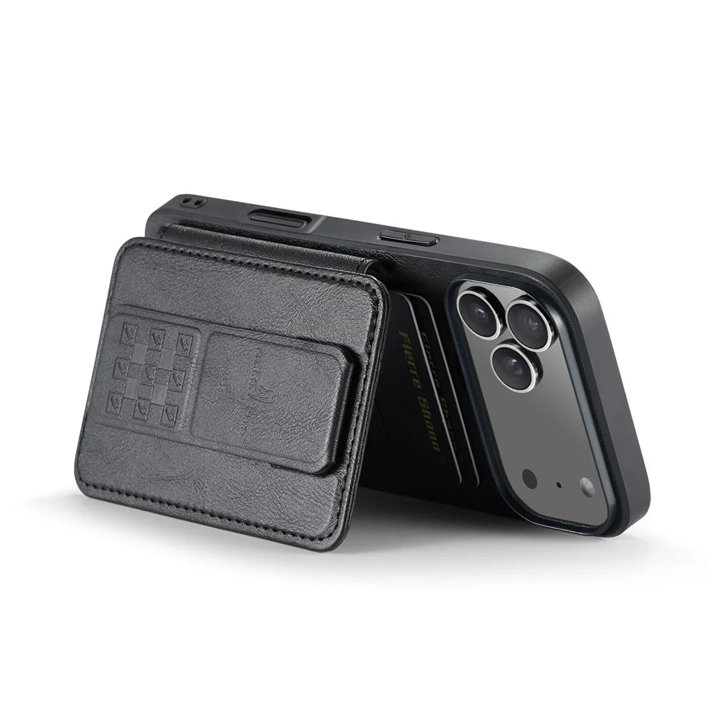 FIERRE SHANN 024 For iPhone 17 Pro Max Case Card Holder Kickstand Waxy Texture Leather + TPU Phone Cover - Black - 2