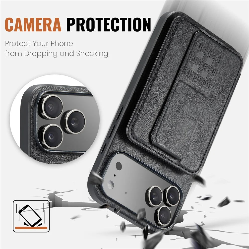 FIERRE SHANN 024 For iPhone 17 Pro Max Case Card Holder Kickstand Waxy Texture Leather + TPU Phone Cover - Black - 4