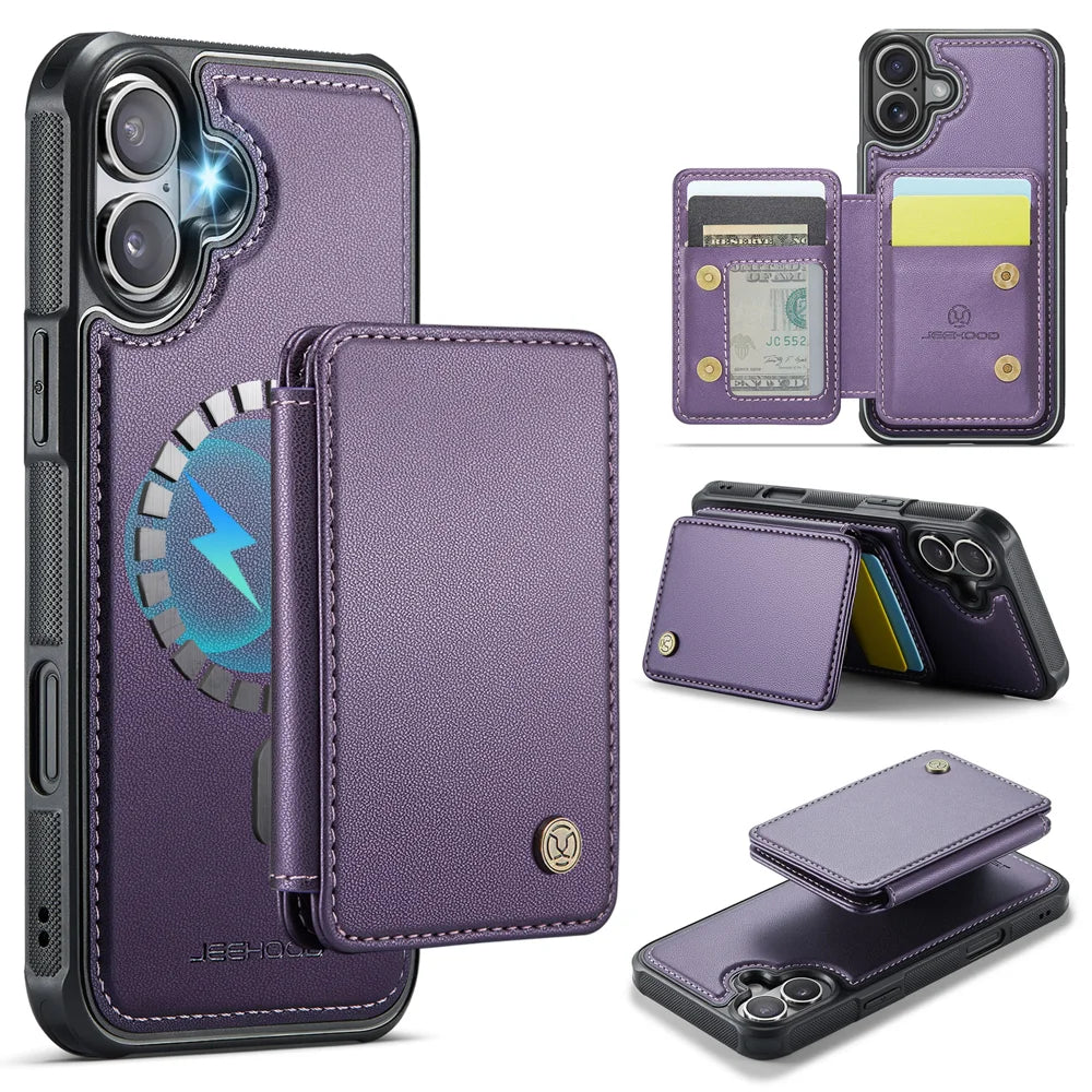 JEEHOOD For iPhone 17 Case  J05 Leather Mobile Cover with Detachable Magnetic Card Bag - Purple - 1