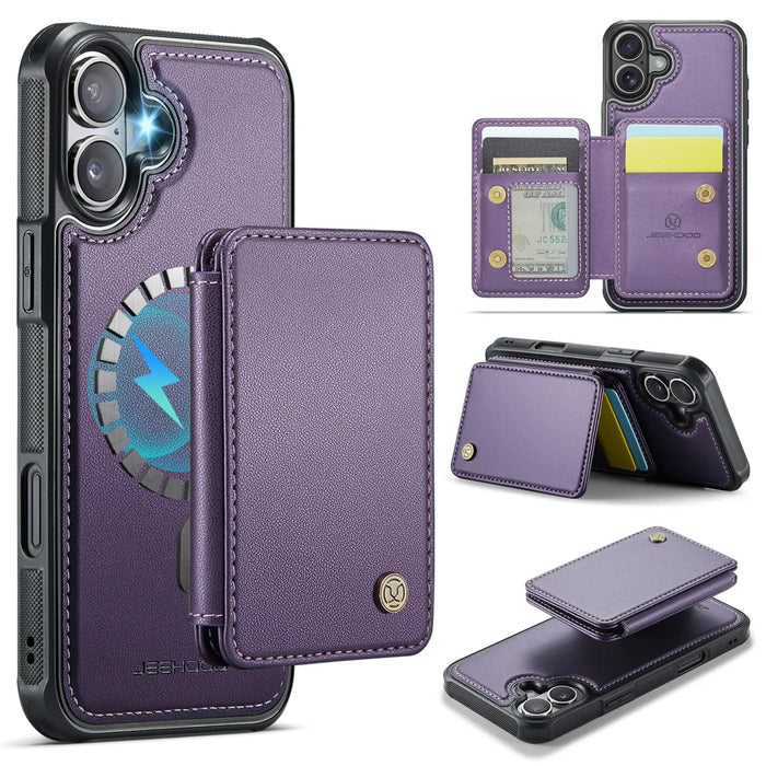 JEEHOOD For iPhone 17 Case  J05 Leather Mobile Cover with Detachable Magnetic Card Bag - Purple - 1