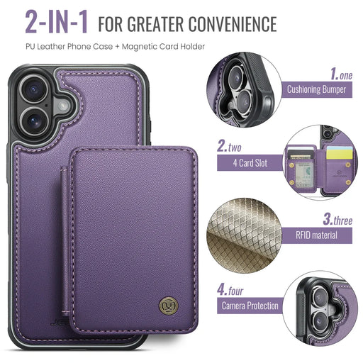 JEEHOOD For iPhone 17 Case  J05 Leather Mobile Cover with Detachable Magnetic Card Bag - Purple - 2