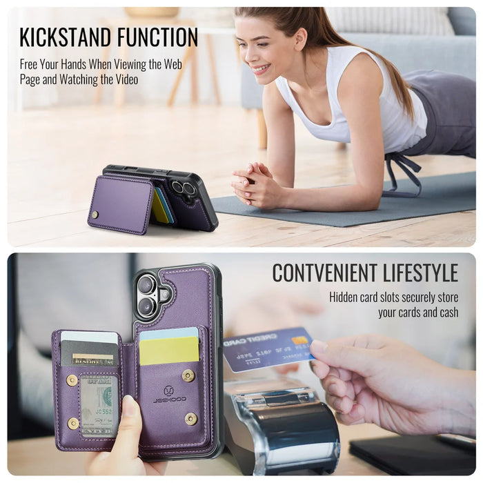 JEEHOOD For iPhone 17 Case  J05 Leather Mobile Cover with Detachable Magnetic Card Bag - Purple - 3