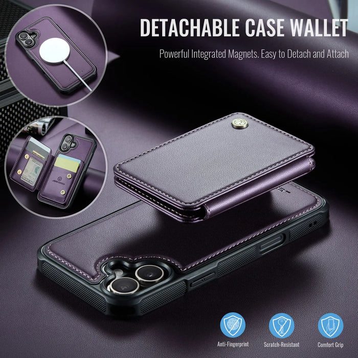 JEEHOOD For iPhone 17 Case  J05 Leather Mobile Cover with Detachable Magnetic Card Bag - Purple - 4