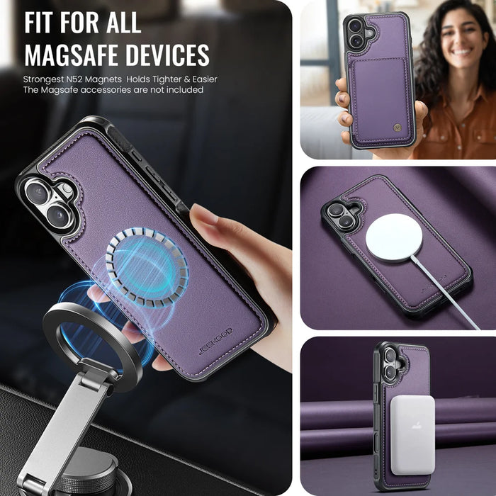 JEEHOOD For iPhone 17 Case  J05 Leather Mobile Cover with Detachable Magnetic Card Bag - Purple - 5
