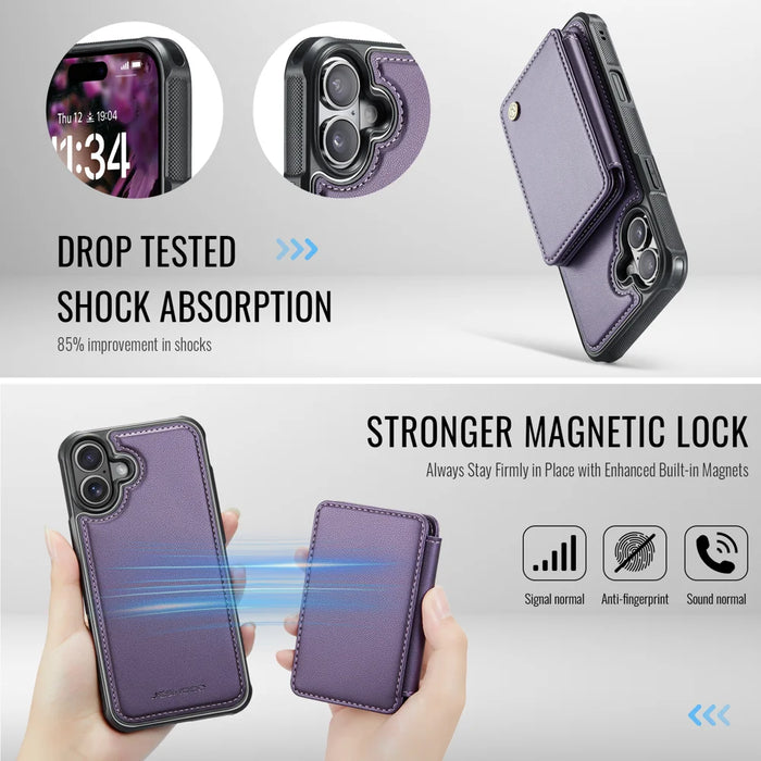 JEEHOOD For iPhone 17 Case  J05 Leather Mobile Cover with Detachable Magnetic Card Bag - Purple - 6