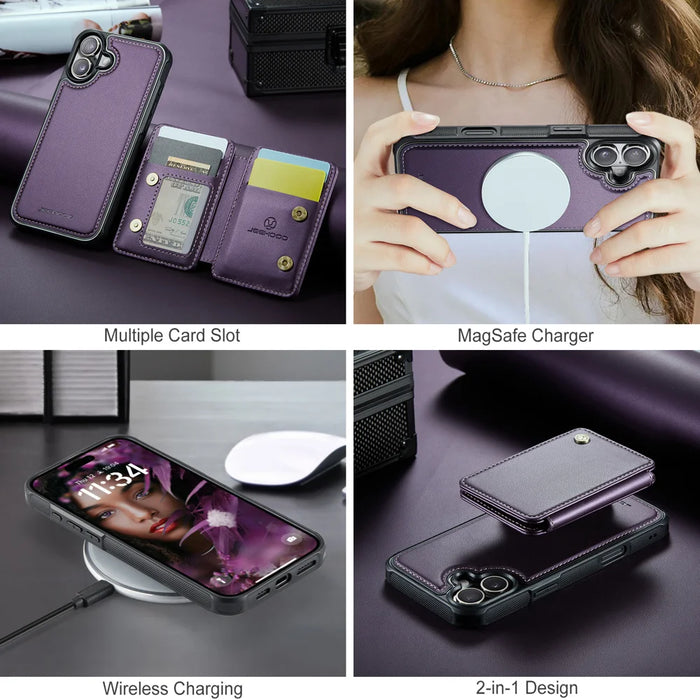 JEEHOOD For iPhone 17 Case  J05 Leather Mobile Cover with Detachable Magnetic Card Bag - Purple - 7