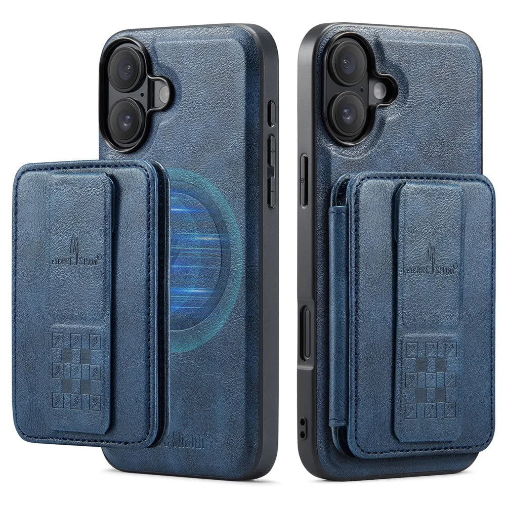 FIERRE SHANN 028 For iPhone 17 Case Magnetic Detachable Card Slots Leather Back Cover - Blue - 1