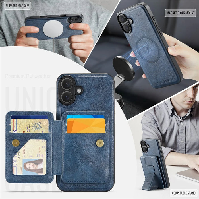 FIERRE SHANN 028 For iPhone 17 Case Magnetic Detachable Card Slots Leather Back Cover - Blue - 6