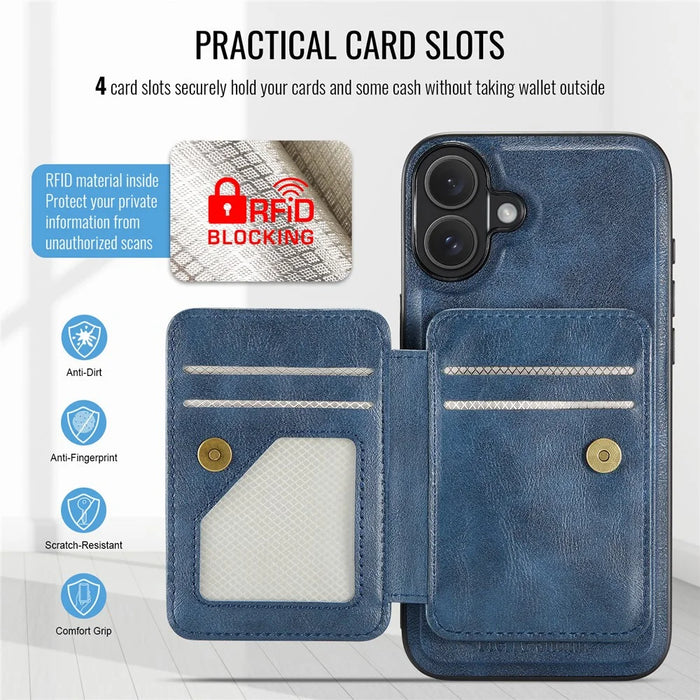 FIERRE SHANN 028 For iPhone 17 Case Magnetic Detachable Card Slots Leather Back Cover - Blue - 7