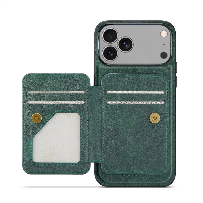 FIERRE SHANN 028 For iPhone 17 Pro Case Magnetic Detachable Card Slots Leather Back Cover - Green - 2