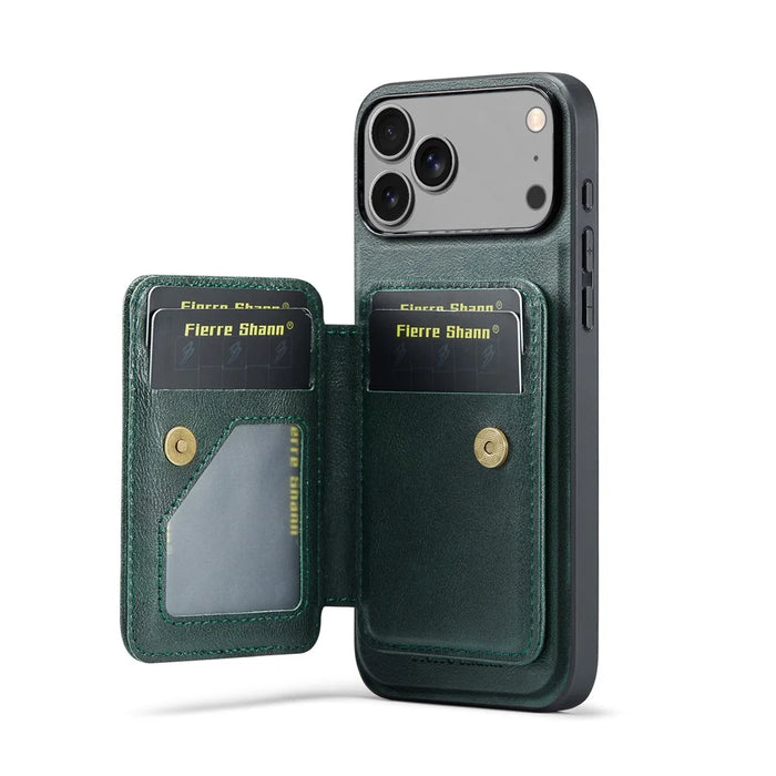 FIERRE SHANN 028 For iPhone 17 Pro Case Magnetic Detachable Card Slots Leather Back Cover - Green - 4
