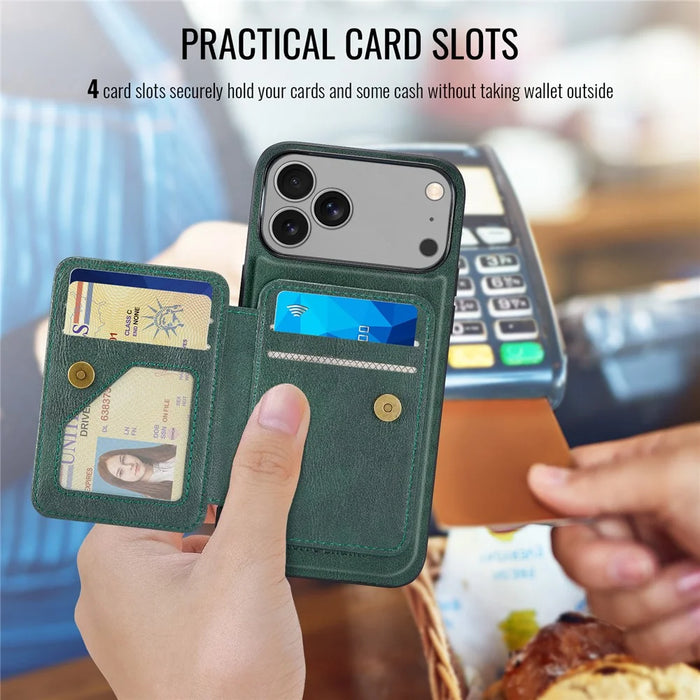 FIERRE SHANN 028 For iPhone 17 Pro Case Magnetic Detachable Card Slots Leather Back Cover - Green - 6