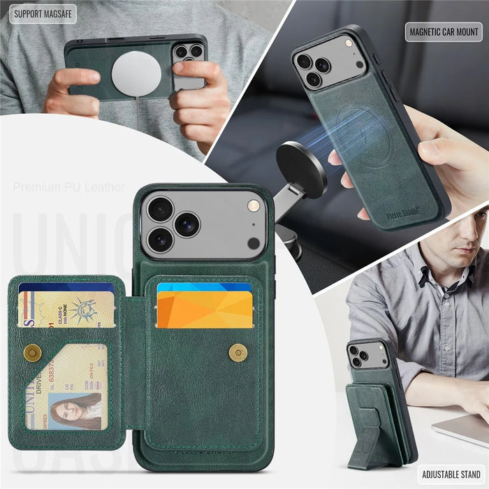 FIERRE SHANN 028 For iPhone 17 Pro Case Magnetic Detachable Card Slots Leather Back Cover - Green - 7