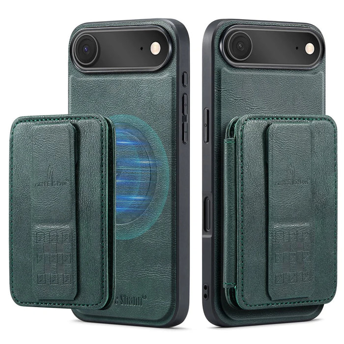 FIERRE SHANN 028 For iPhone Air Case Kickstand Leather Back Cover with Magnetic Detachable Card Slots - Green - 1