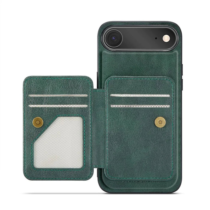 FIERRE SHANN 028 For iPhone Air Case Kickstand Leather Back Cover with Magnetic Detachable Card Slots - Green - 2
