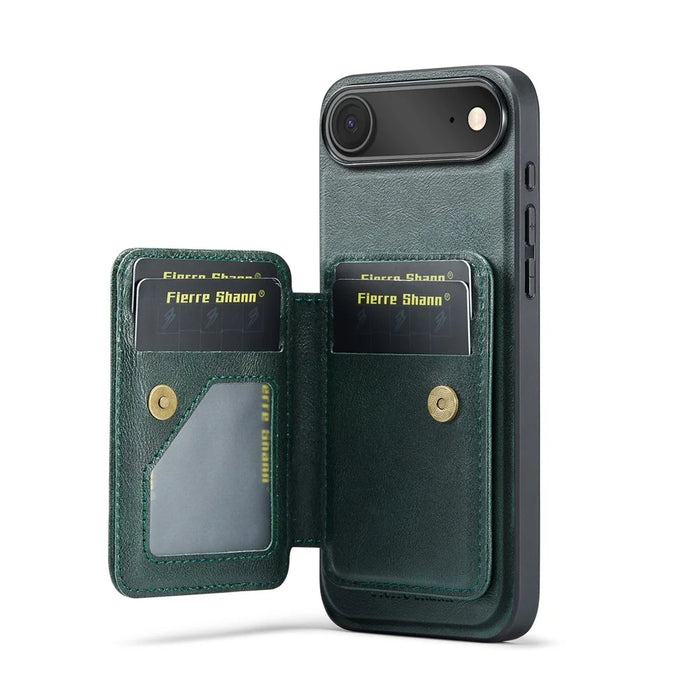 FIERRE SHANN 028 For iPhone Air Case Kickstand Leather Back Cover with Magnetic Detachable Card Slots - Green - 4
