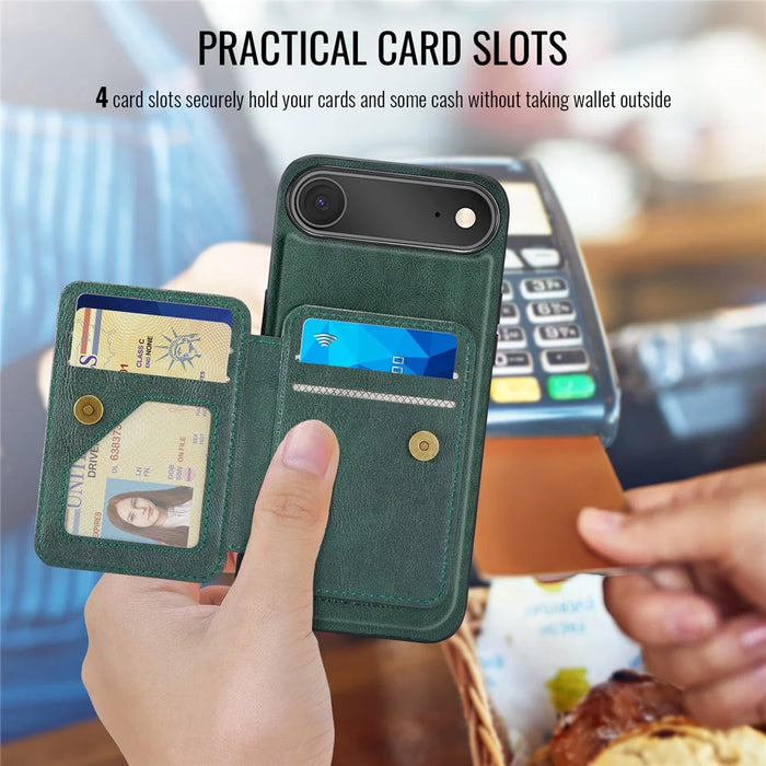 FIERRE SHANN 028 For iPhone Air Case Kickstand Leather Back Cover with Magnetic Detachable Card Slots - Green - 6