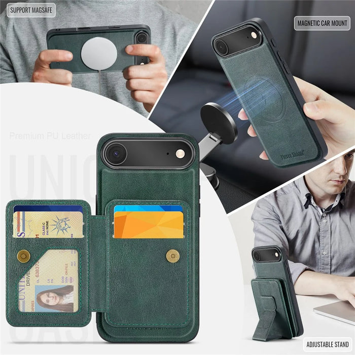 FIERRE SHANN 028 For iPhone Air Case Kickstand Leather Back Cover with Magnetic Detachable Card Slots - Green - 7