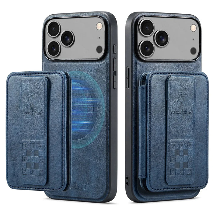 FIERRE SHANN 028 For iPhone 17 Pro Max Case Kickstand Leather Back Cover with Magnetic Detachable Card Slots - Blue - 1