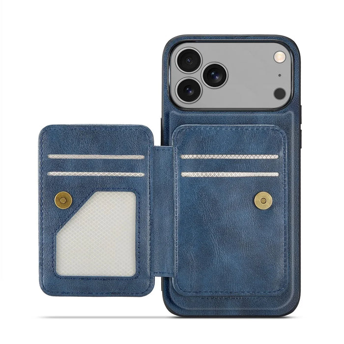 FIERRE SHANN 028 For iPhone 17 Pro Max Case Kickstand Leather Back Cover with Magnetic Detachable Card Slots - Blue - 2