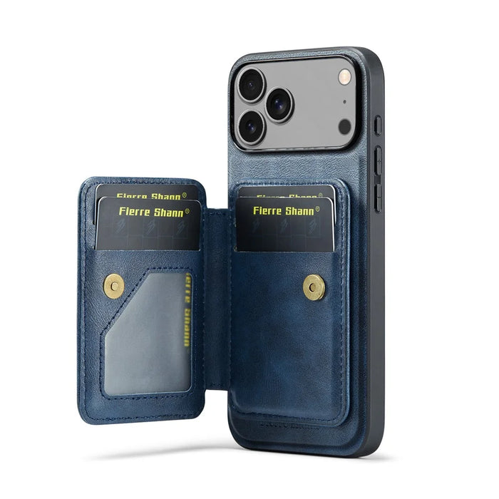 FIERRE SHANN 028 For iPhone 17 Pro Max Case Kickstand Leather Back Cover with Magnetic Detachable Card Slots - Blue - 4