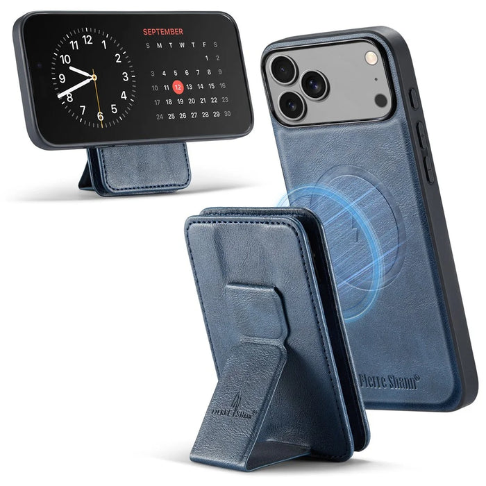 FIERRE SHANN 028 For iPhone 17 Pro Max Case Kickstand Leather Back Cover with Magnetic Detachable Card Slots - Blue - 5