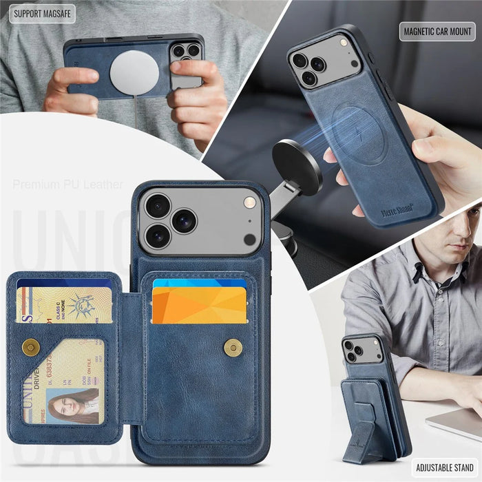 FIERRE SHANN 028 For iPhone 17 Pro Max Case Kickstand Leather Back Cover with Magnetic Detachable Card Slots - Blue - 7