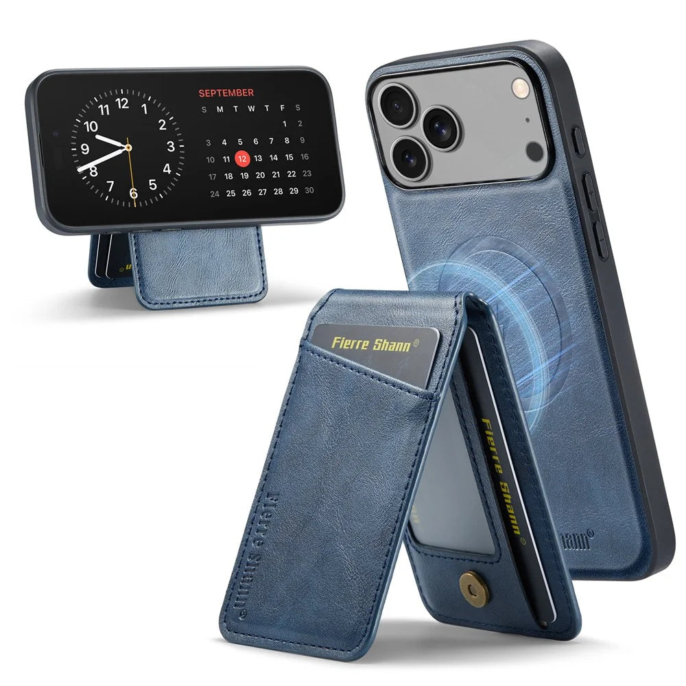 FIERRE SHANN 025 Style For iPhone 17 Pro Case Leather + TPU Detachable Card Slots Phone Cover - Blue - 1