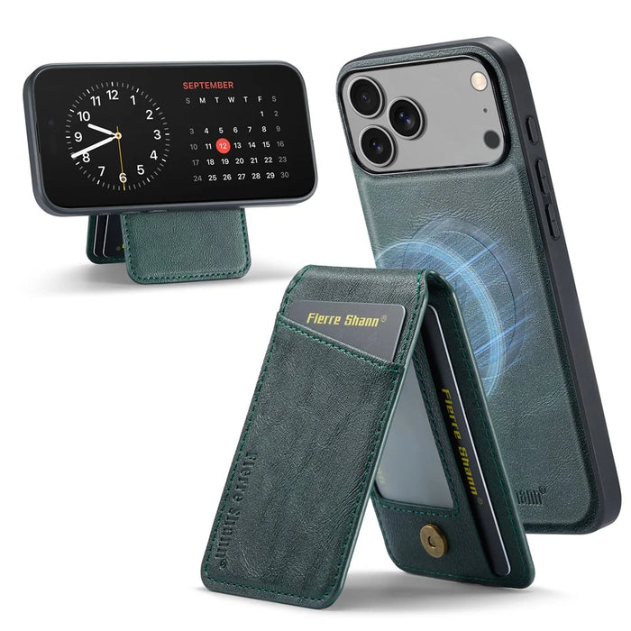 FIERRE SHANN 025 Style For iPhone 17 Pro Max Case Leather + TPU Detachable Card Slots Phone Cover - Green - 1