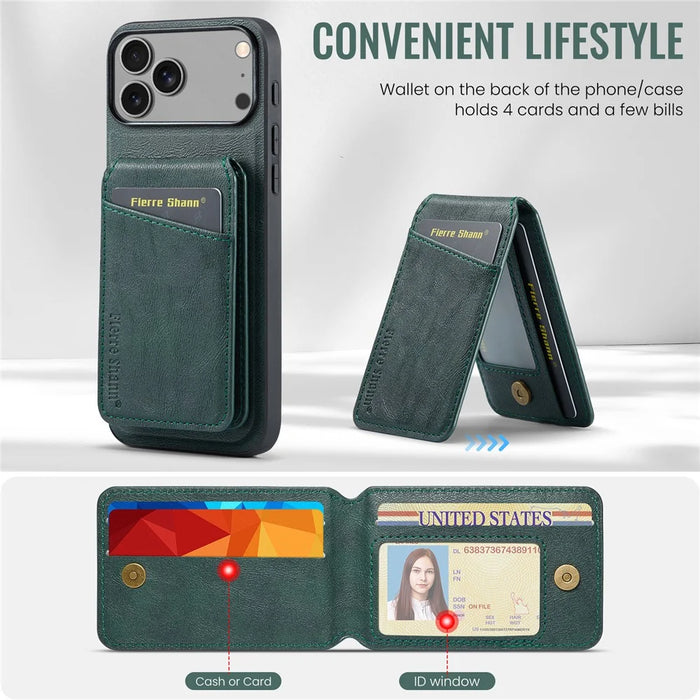 FIERRE SHANN 025 Style For iPhone 17 Pro Max Case Leather + TPU Detachable Card Slots Phone Cover - Green - 5