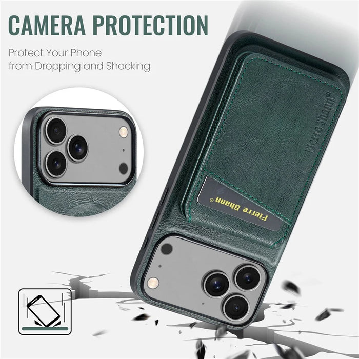 FIERRE SHANN 025 Style For iPhone 17 Pro Max Case Leather + TPU Detachable Card Slots Phone Cover - Green - 6