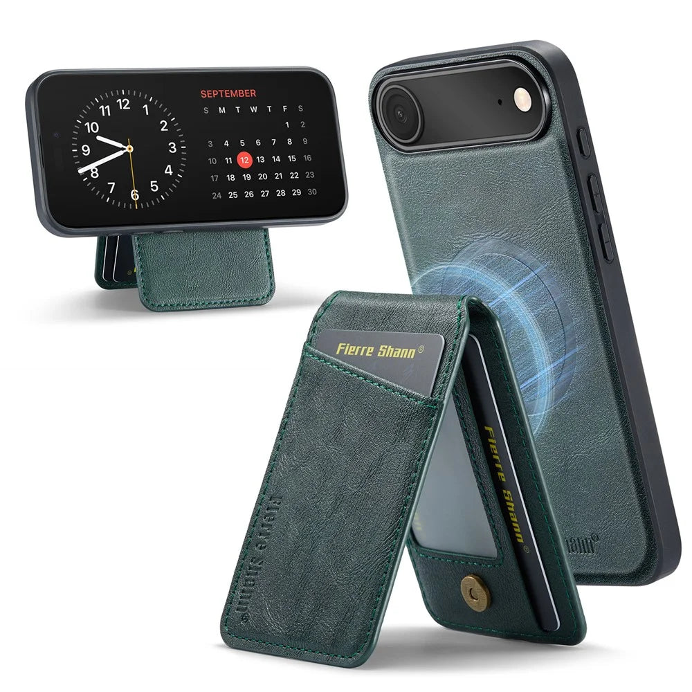 FIERRE SHANN 025 Style For iPhone Air Case Leather + TPU Detachable Card Slots Phone Cover - Green - 1