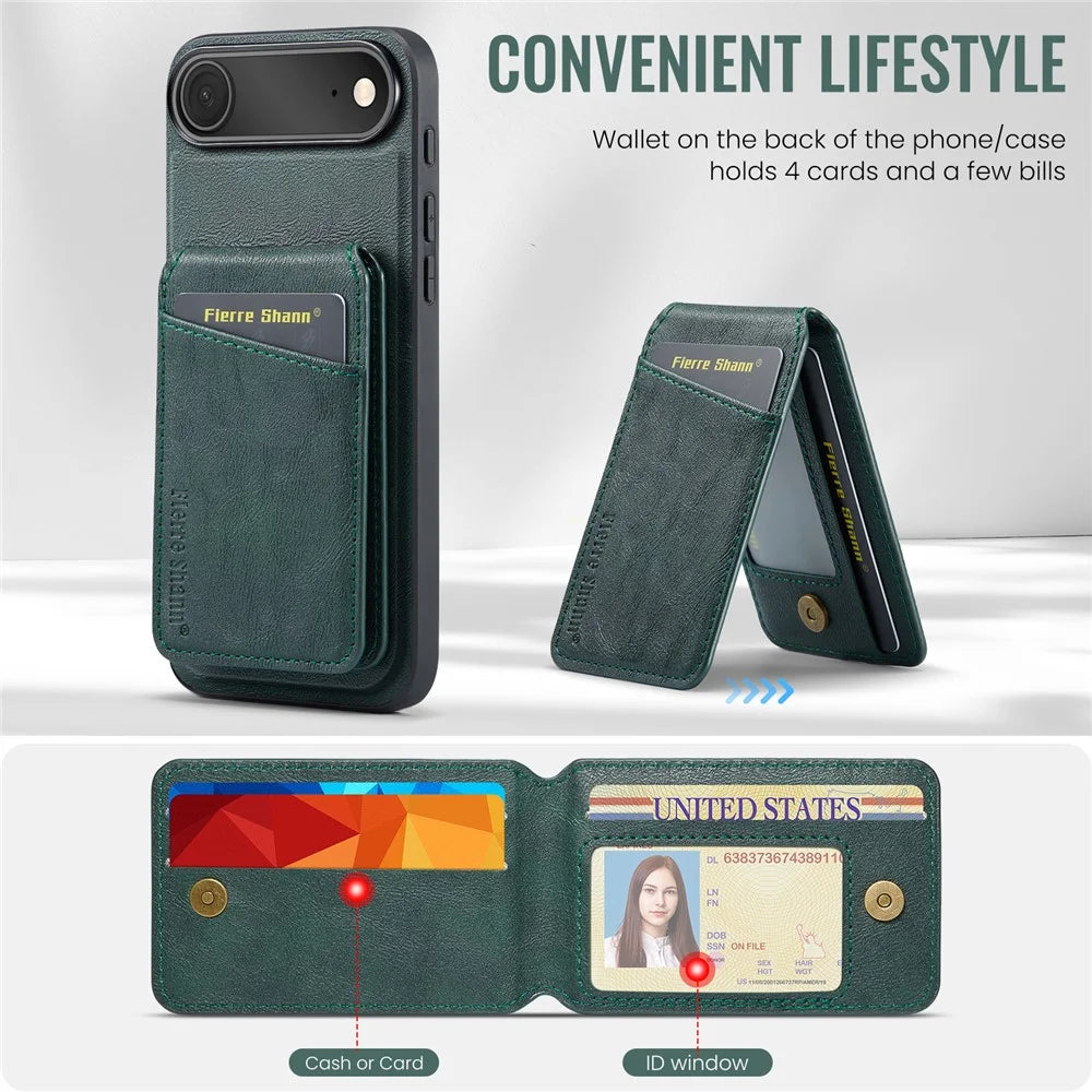 FIERRE SHANN 025 Style For iPhone Air Case Leather + TPU Detachable Card Slots Phone Cover - Green - 5