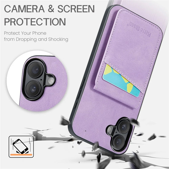 FIERRE SHANN 023 For iPhone 17 Case Card Holder Kickstand Leather RFID Blocking Back Cover - Purple - 4