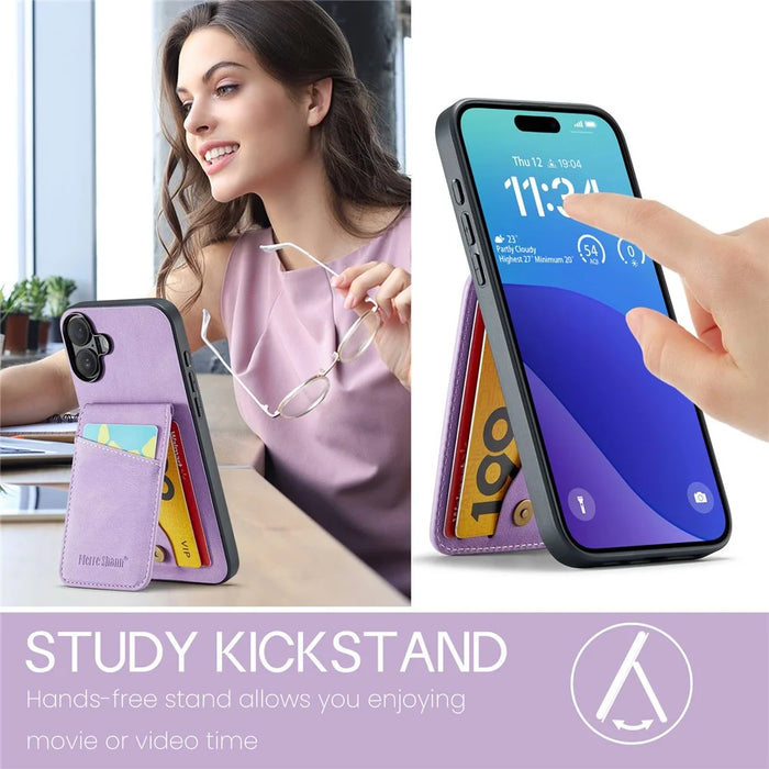 FIERRE SHANN 023 For iPhone 17 Case Card Holder Kickstand Leather RFID Blocking Back Cover - Purple - 5