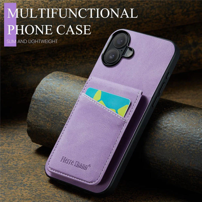 FIERRE SHANN 023 For iPhone 17 Case Card Holder Kickstand Leather RFID Blocking Back Cover - Purple - 6