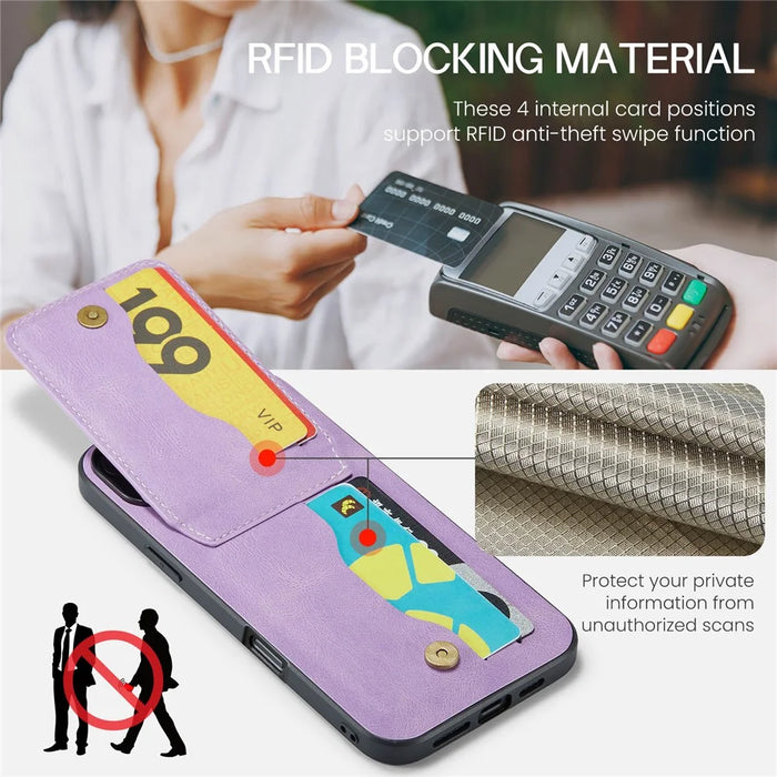 FIERRE SHANN 023 For iPhone 17 Case Card Holder Kickstand Leather RFID Blocking Back Cover - Purple - 7