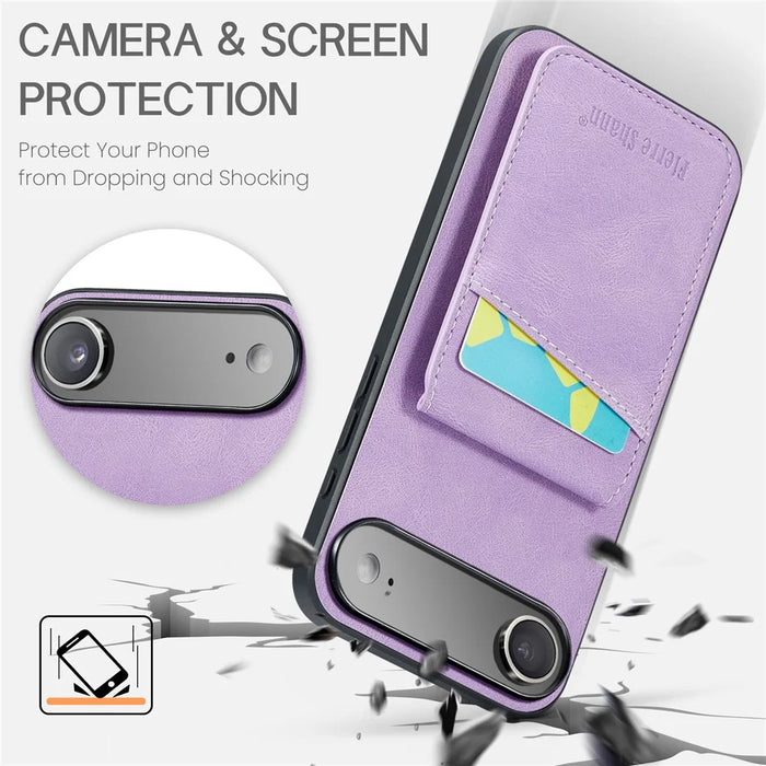 FIERRE SHANN 023 For iPhone Air Case Card Holder Kickstand Leather RFID Blocking Back Cover - Purple - 4
